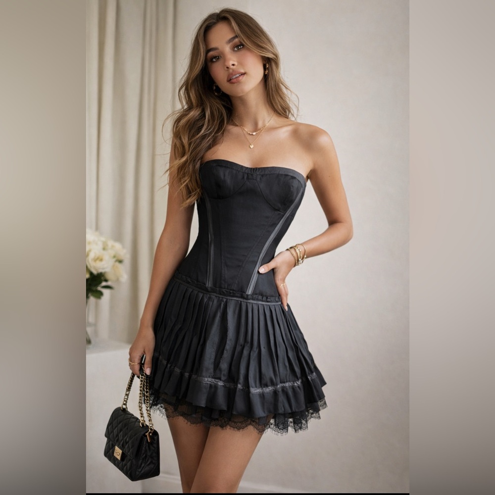 BCBGMAXAZRIA Runway corset pleated lace mini strapless dress